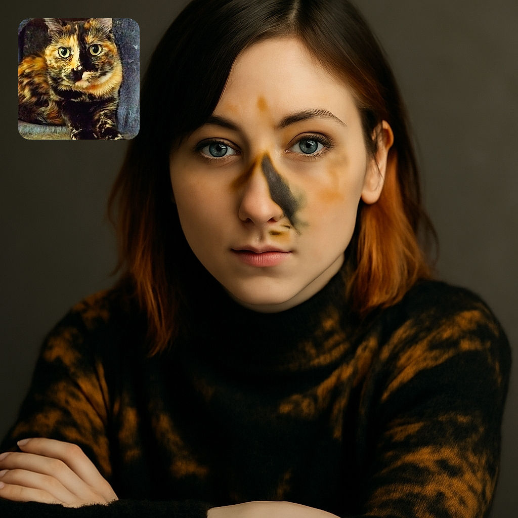 A tortoiseshell cat lounges comfortably, its strikingly patterned fur and big, curious eyes stealing the spotlight against a soft, textured background.