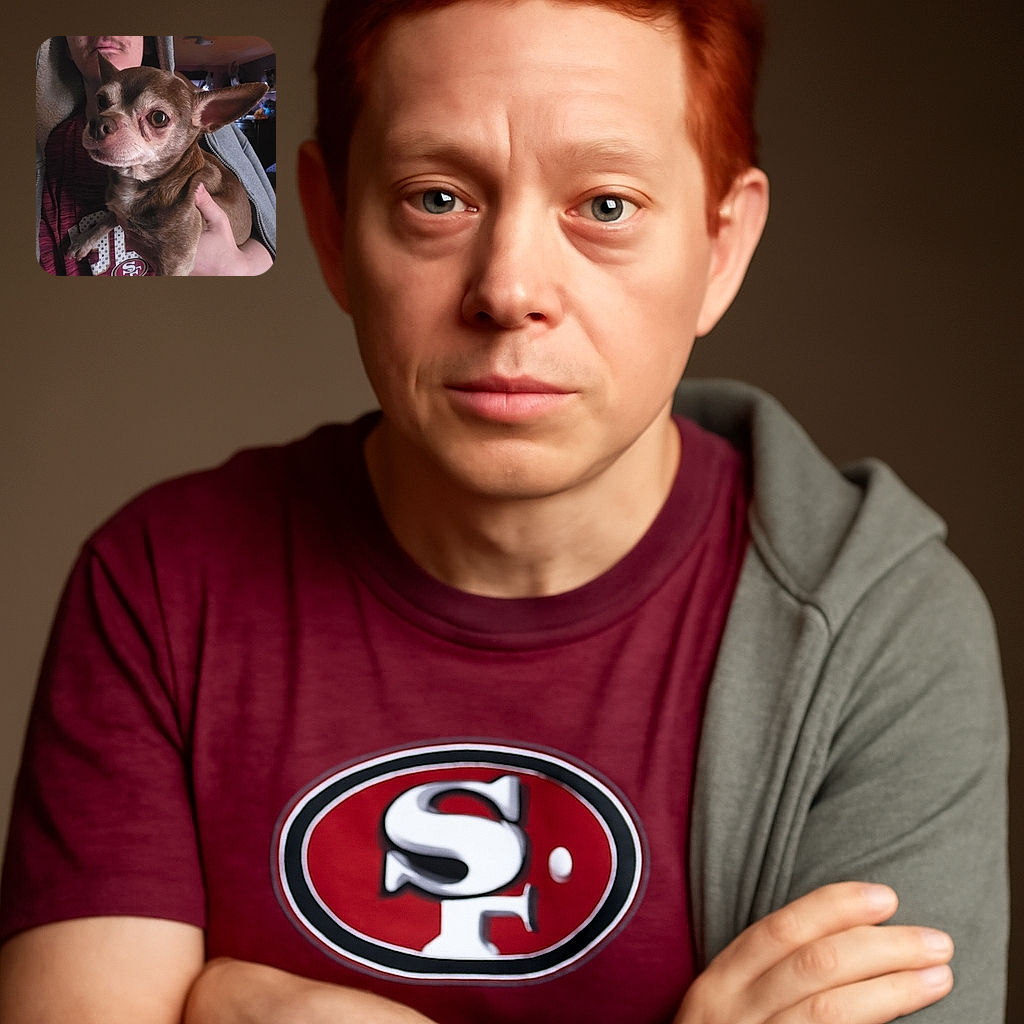 A close-up shot of a small brown Chihuahua being held by a person wearing a maroon San Francisco 49ers shirt and a grey hoodie. The dog looks curiously at the camera with big expressive eyes, while the person behind has a neutral expression. The background is dimly lit, adding a cozy indoor vibe.