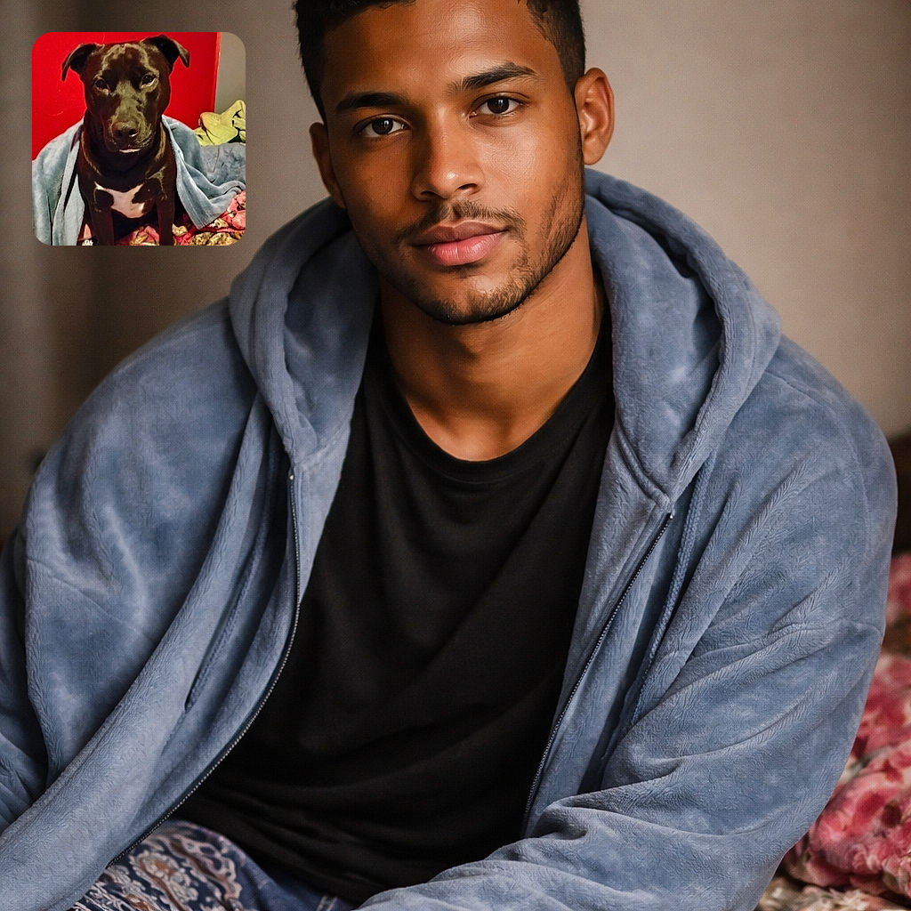 A dignified black dog wrapped in a blue blanket sits like royalty against a bold red wall, giving the camera a soulful, slightly squinty stare. The white chest patch pops like a tiny tuxedo, while rumpled bedding and a tossed towel frame the cozy scene — part portrait, part bedtime story.