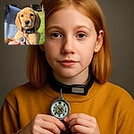 A charming golden puppy with soulful eyes is being gently held by a person in a cozy grey sweater. The pup's collar features a shiny paw-print tag, and the background reveals a sunny garden with a wooden fence and greenery.