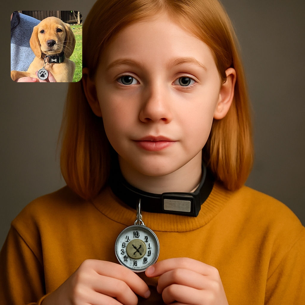 A charming golden puppy with soulful eyes is being gently held by a person in a cozy grey sweater. The pup's collar features a shiny paw-print tag, and the background reveals a sunny garden with a wooden fence and greenery.
