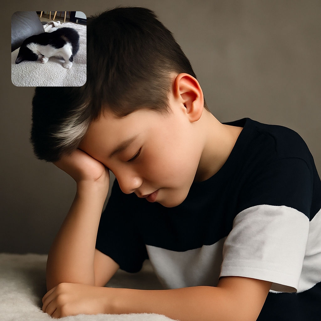 A black and white cat is adorably curled up with its head tucked down on a soft beige blanket, looking like it's playing a game of hide-and-seek on a cozy couch. The background shows a couple of wooden-legged chairs and a bit of homey clutter, adding to the relaxed indoor vibe.