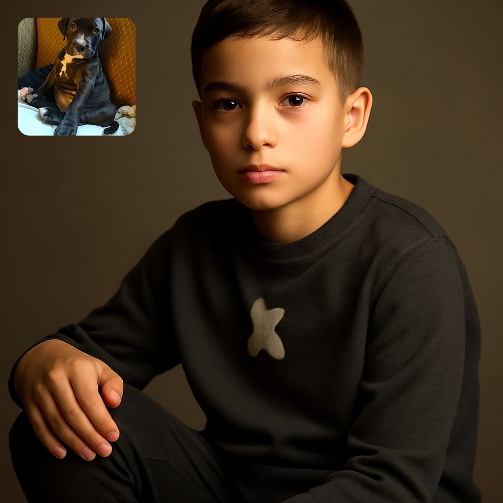A charming black puppy with a white patch on its chest lounges on a cozy chair, looking adorably curious and slightly contemplative as if pondering the mysteries of life or when the next treat will arrive.