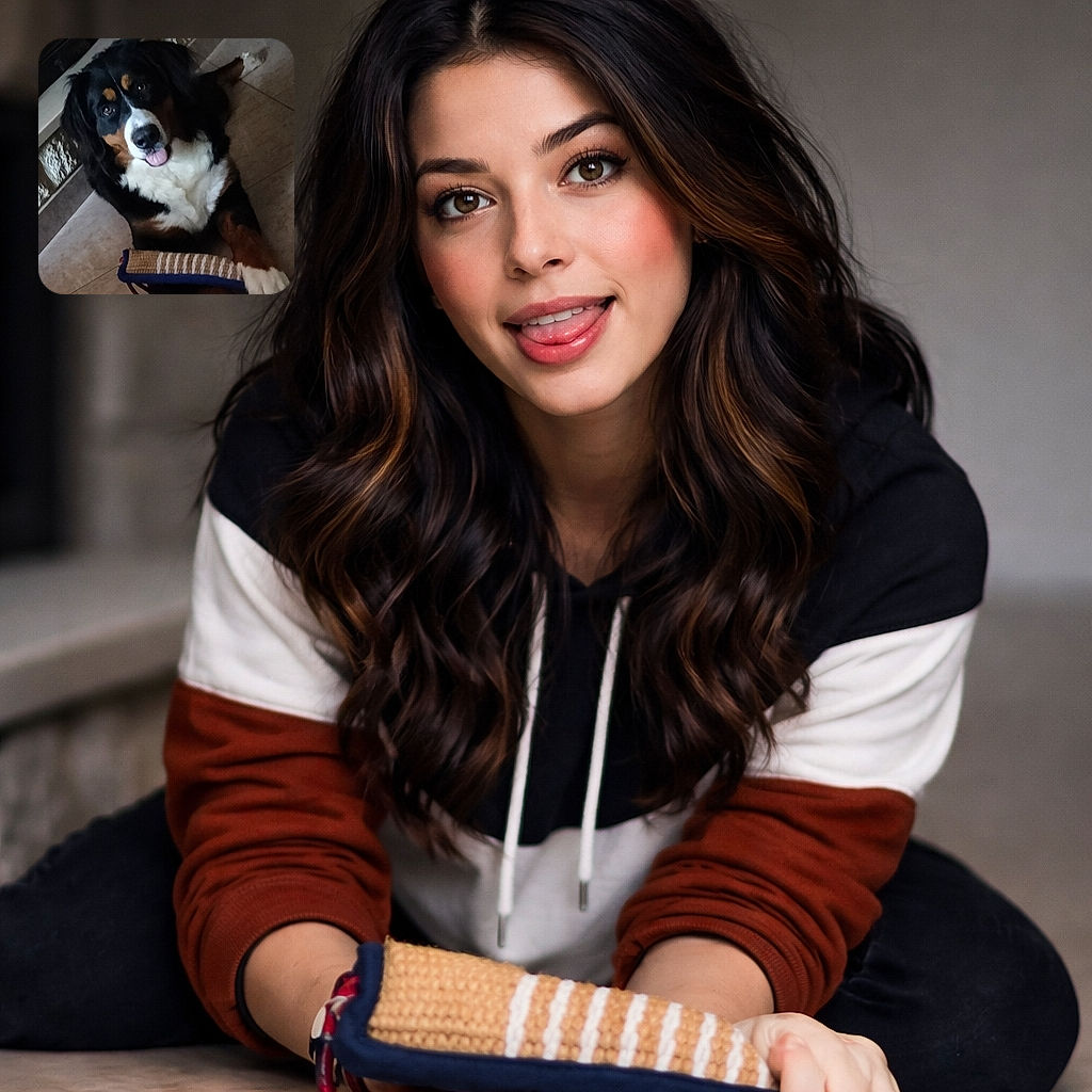 A big, fluffy Bernese mountain dog lounges on a tiled floor with one paw hugging a woven toy and its tongue flopping out like it just told a very good joke. The dog's soulful eyes and white chest make it look both regal and ridiculous — equal parts noble giant and goofball.