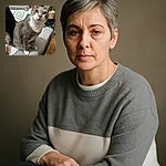 A charming gray and white cat with striking green eyes sits poised on a textured gray couch, surrounded by cozy home decor including plants and a patterned cushion, looking curiously at the camera with an expression that says 'Did you just call me?'