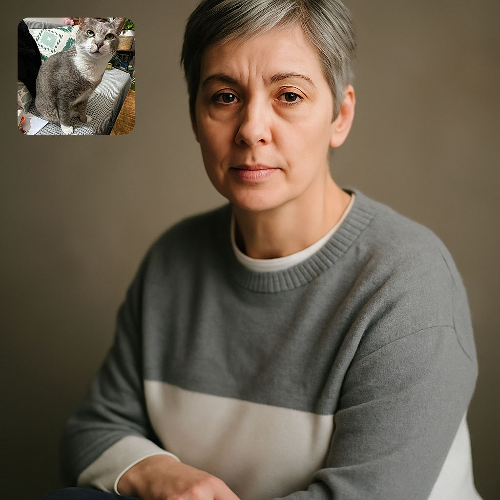 A charming gray and white cat with striking green eyes sits poised on a textured gray couch, surrounded by cozy home decor including plants and a patterned cushion, looking curiously at the camera with an expression that says 'Did you just call me?'