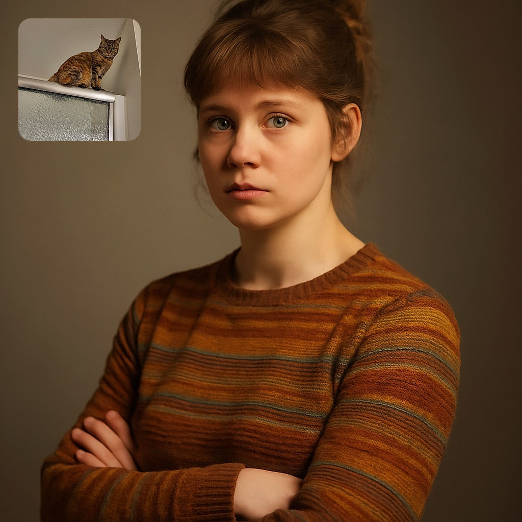 A tabby cat perched precariously on top of a shower door, looking down with a mix of curiosity and judgment, as if questioning your life choices while effortlessly mastering the art of high places.