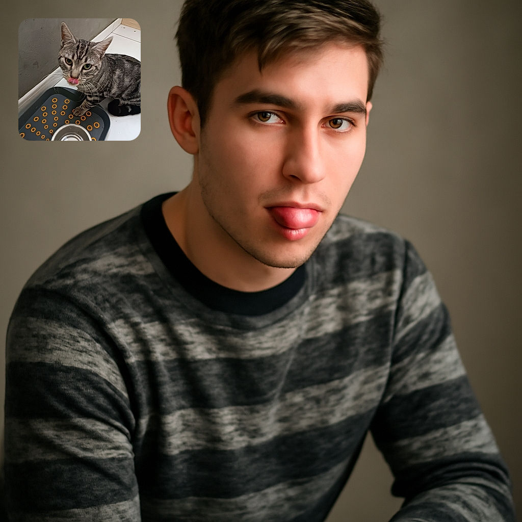 A curious tabby cat with striking green eyes is caught mid-lick next to an empty metal food bowl on a polka-dotted mat, sitting on a tiled floor by a plain wall and wooden step.