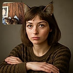 A curious tabby cat is perched in front of a rustic wooden wall, surrounded by blue and white ceramic decorations including a cat-shaped vase and a framed picture of a statue. The cat's wide eyes and alert ears suggest it's ready to pounce or investigate further.