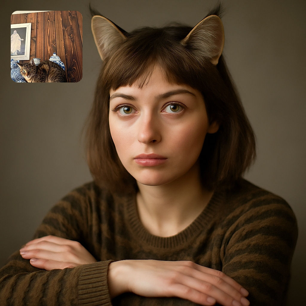 A curious tabby cat is perched in front of a rustic wooden wall, surrounded by blue and white ceramic decorations including a cat-shaped vase and a framed picture of a statue. The cat's wide eyes and alert ears suggest it's ready to pounce or investigate further.