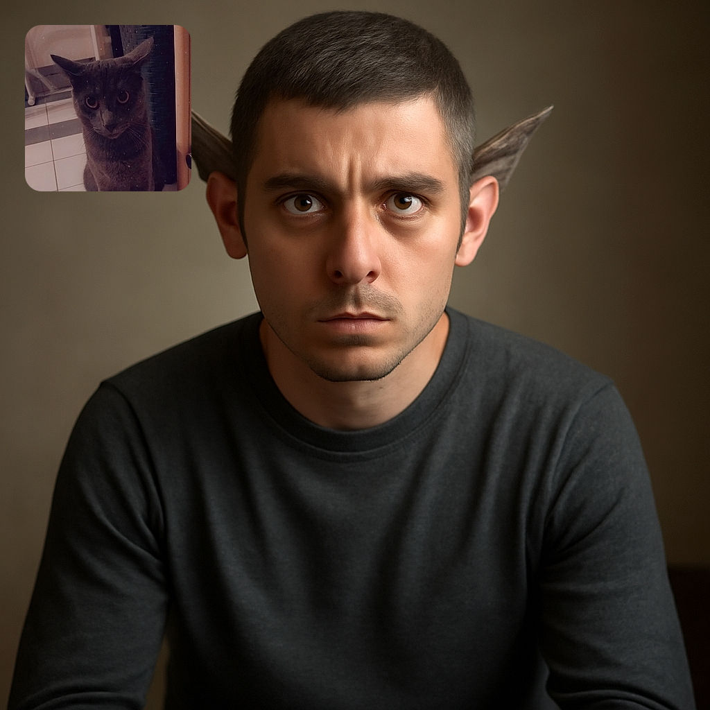 A curious gray cat with large round eyes stares intently at the camera, sitting on a tiled floor indoors. The lighting is dim, giving the image a moody, vintage vibe with some visible dust or particles on the lens.