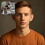 A curious chihuahua peeks over a couch with its big ears perked up, staring intently at the camera. In the background, a modern living room setup features a round glass table with a quirky dog figurine wearing a Santa hat, adding a festive touch to the cozy scene.