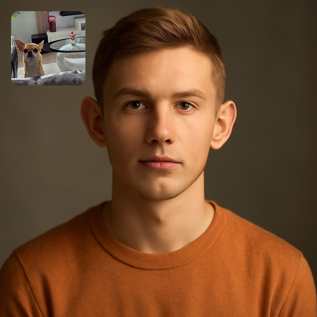 A curious chihuahua peeks over a couch with its big ears perked up, staring intently at the camera. In the background, a modern living room setup features a round glass table with a quirky dog figurine wearing a Santa hat, adding a festive touch to the cozy scene.