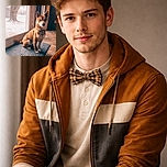 A well-composed photo of a Shiba Inu dog sitting on a blue mat in front of a glass door with a snowy tree outside. The dog wears a bow tie collar, looking attentively at the camera, with warm indoor lighting contrasting the cold winter scene outside.