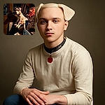 A white dog with a curious expression is sitting comfortably on a suitcase inside a dimly lit vehicle, surrounded by cozy blankets and clothes. The scene feels warm and intimate, like the dog is the captain of this mobile nest.