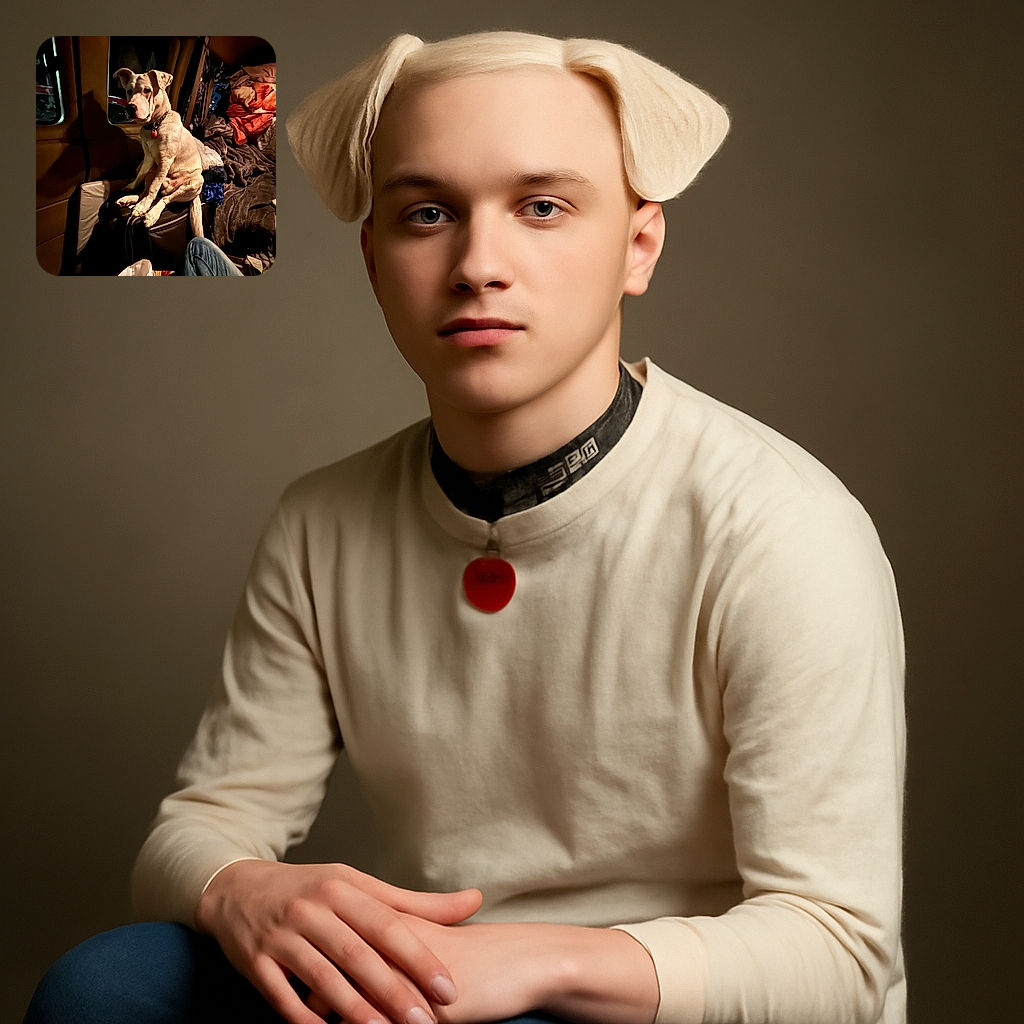 A white dog with a curious expression is sitting comfortably on a suitcase inside a dimly lit vehicle, surrounded by cozy blankets and clothes. The scene feels warm and intimate, like the dog is the captain of this mobile nest.