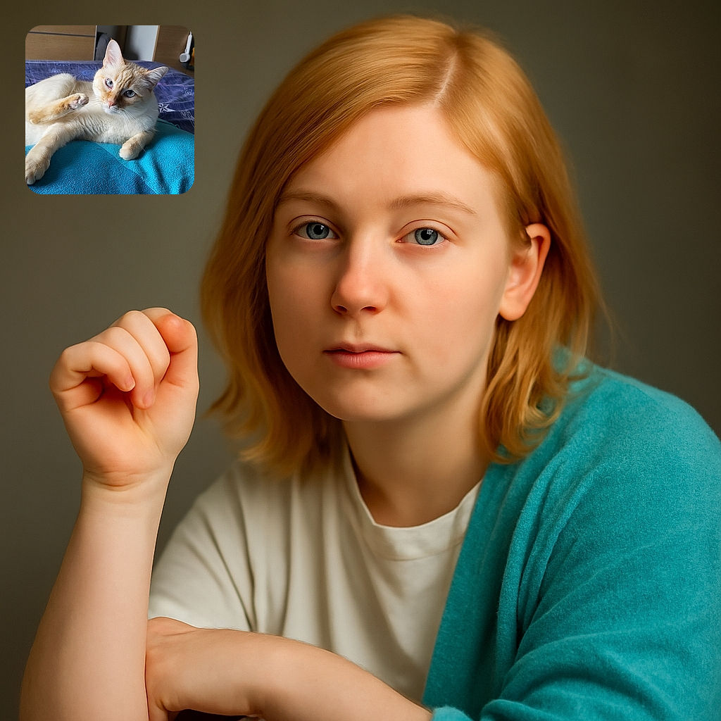 A cream-colored cat with striking blue eyes lounges comfortably on a blue pillow atop a purple bedspread, looking curiously at the camera with one paw raised mid-stretch, surrounded by a cozy bedroom setting.