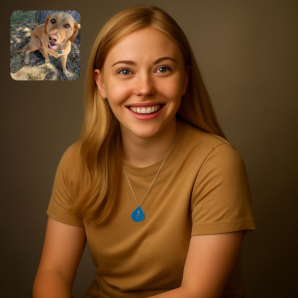 A happy golden retriever or lab mix dog sitting on dry grass near a tree, looking up with bright eyes and a big smile, showing its teeth and a shiny nose, wearing a collar with a tag.