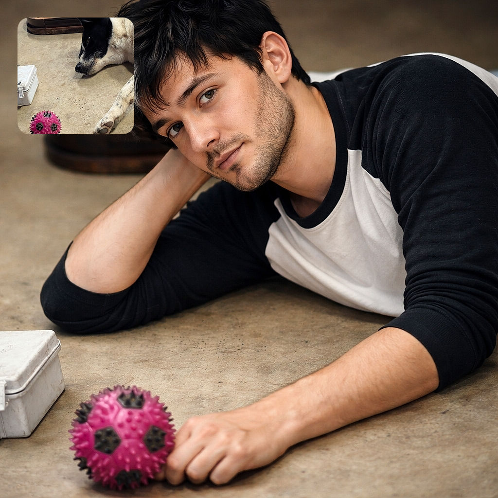 A patiently bored black-and-white dog stares longingly at a well-chewed pink spiky ball like it’s the last slice of pizza — dramatic side-eye and all.