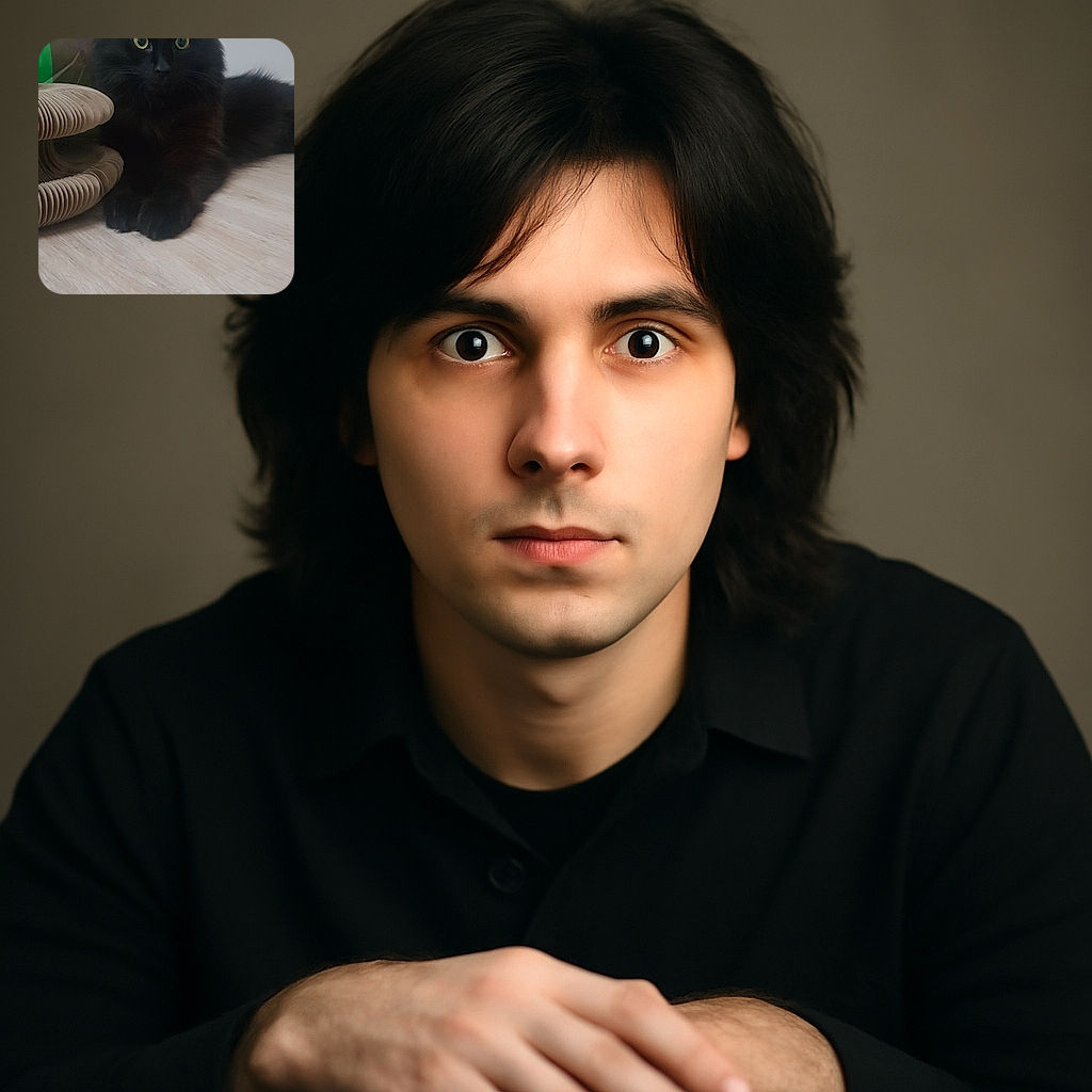A fluffy black cat lounges on a wooden floor next to a curved cardboard scratcher, its bright yellow eyes staring intently at the camera with a mysterious and regal air.