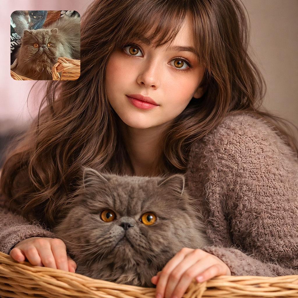 A fluffy grey Persian stares up with enormous golden eyes from a wicker basket like a tiny, majestic grumpy monarch plotting snack time.