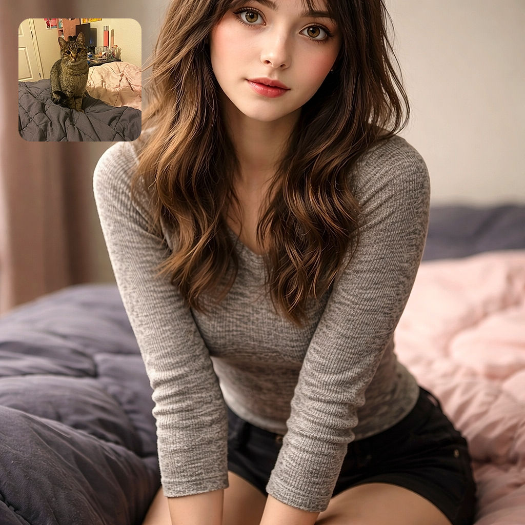 A regal tabby sits squarely on the bed like it pays the rent, staring straight at the camera with whiskers on full alert while a cozy bedroom scene — posters, a shelf, and a messy nightstand — provides its loyal subject entourage.