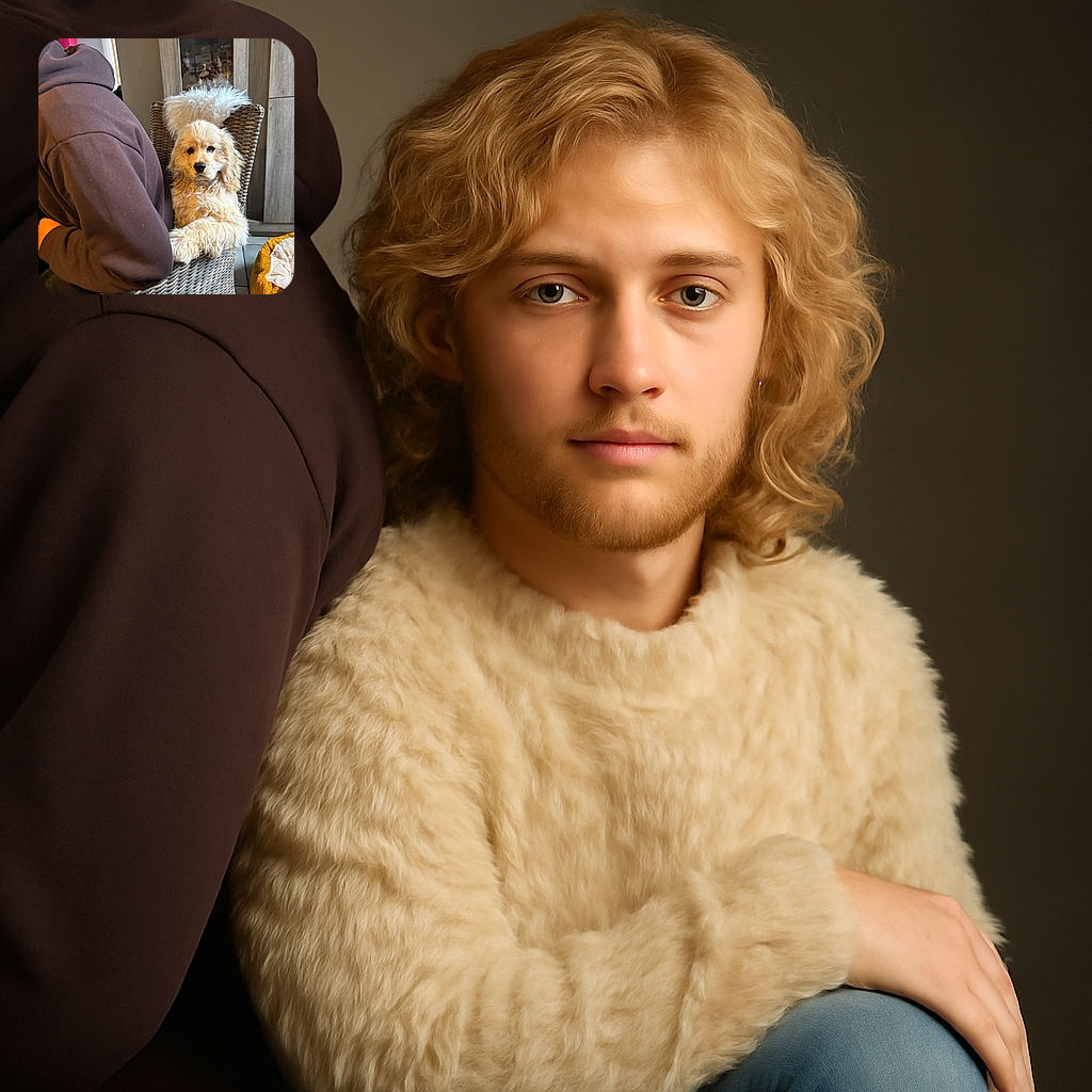 A fluffy cream-colored dog lounges regally on a wicker chair, looking like it owns the place, while a person in a cozy hoodie sits with their back to the camera, creating a cozy indoor scene with warm lighting and homey decor.