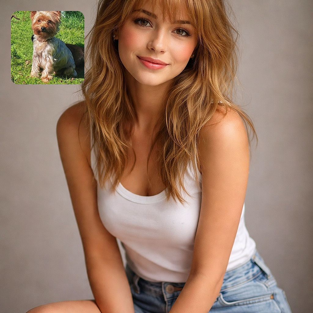 A small, fluffy dog with perky ears is sitting attentively on a sunny patch of grass, surrounded by greenery and a blue wall in the background. The dog seems to be enjoying the warm sunlight, looking calm and peaceful.