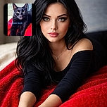 A sleek black cat lounges on a bright red blanket, staring intently with golden eyes. The text 'The Queen BLUE' in blue letters overlays the lower left side, giving the cat a regal title. The background is muted, focusing attention on the cat's shiny fur and alert expression.