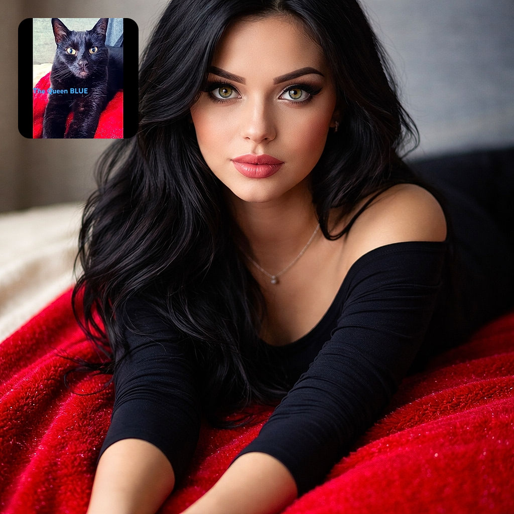 A sleek black cat lounges on a bright red blanket, staring intently with golden eyes. The text 'The Queen BLUE' in blue letters overlays the lower left side, giving the cat a regal title. The background is muted, focusing attention on the cat's shiny fur and alert expression.