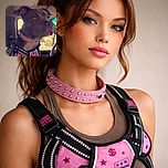 A serious-looking dog sporting a studded pink collar and a harness with reflective strips, sitting inside a vehicle with a focused gaze out the window, ready for an adventure or a drive.