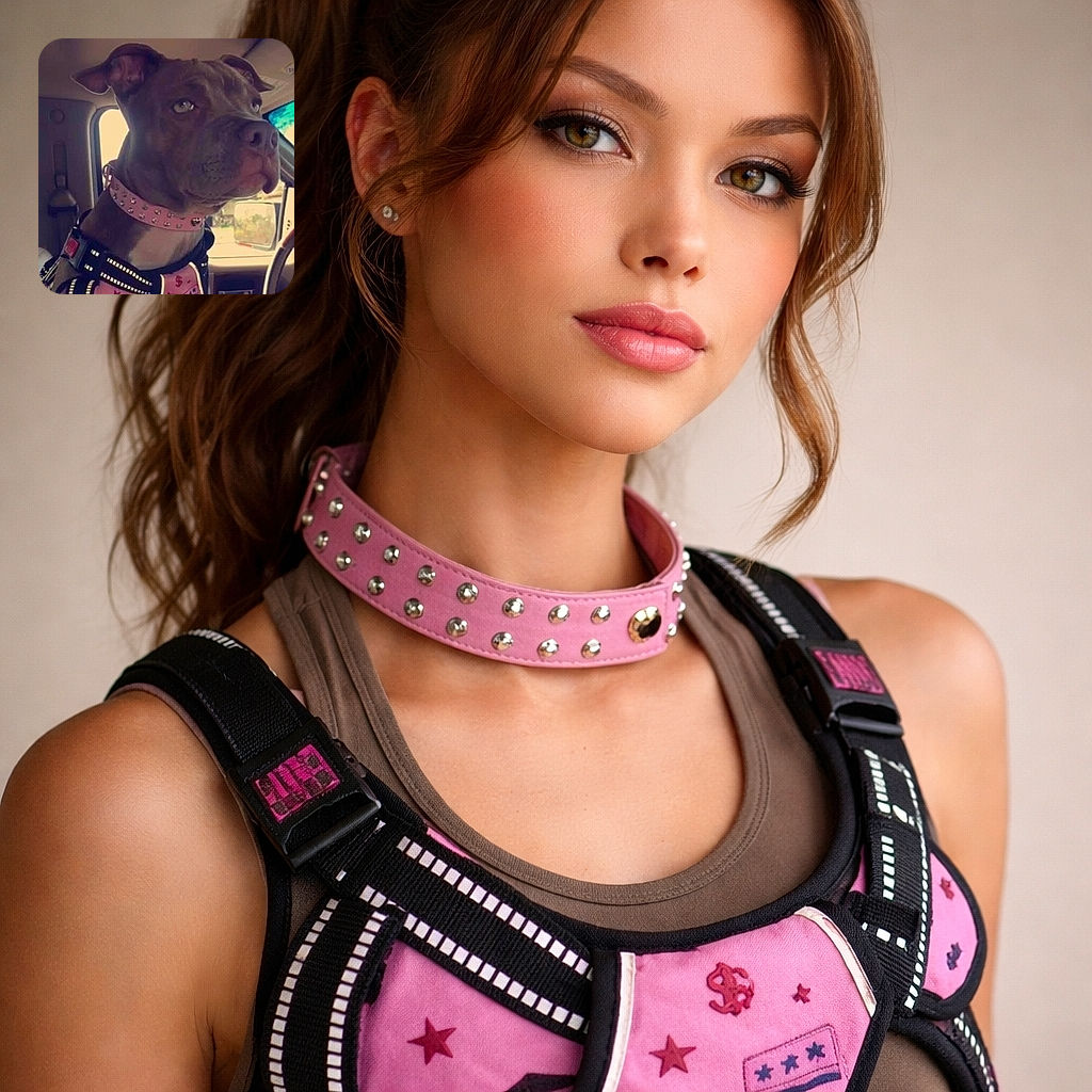 A serious-looking dog sporting a studded pink collar and a harness with reflective strips, sitting inside a vehicle with a focused gaze out the window, ready for an adventure or a drive.