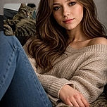 A cozy tabby cat lounges comfortably on a dark surface, its fur detailed and eyes alert, with a soft blue fabric in the background hinting at a relaxed indoor setting.