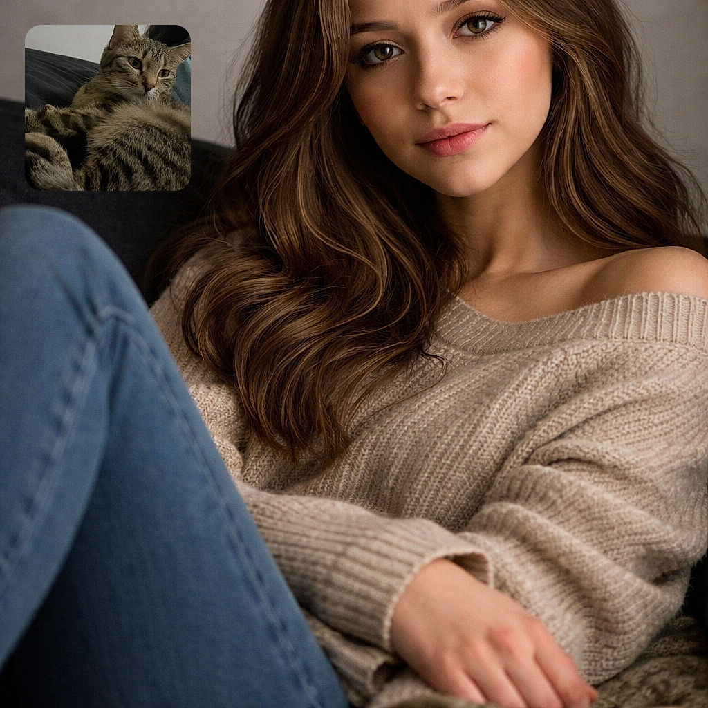 A cozy tabby cat lounges comfortably on a dark surface, its fur detailed and eyes alert, with a soft blue fabric in the background hinting at a relaxed indoor setting.