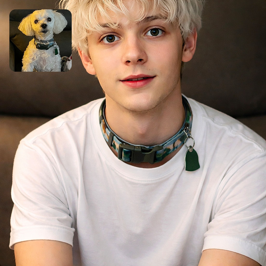 A fluffy white dog with curly fur sits attentively on a dark leather chair, wearing a collar with tags. The lighting casts a warm glow on the dog, highlighting its expressive eyes and soft fur. A cozy blanket with a playful pattern is partially visible beside the dog, adding a touch of homely comfort.