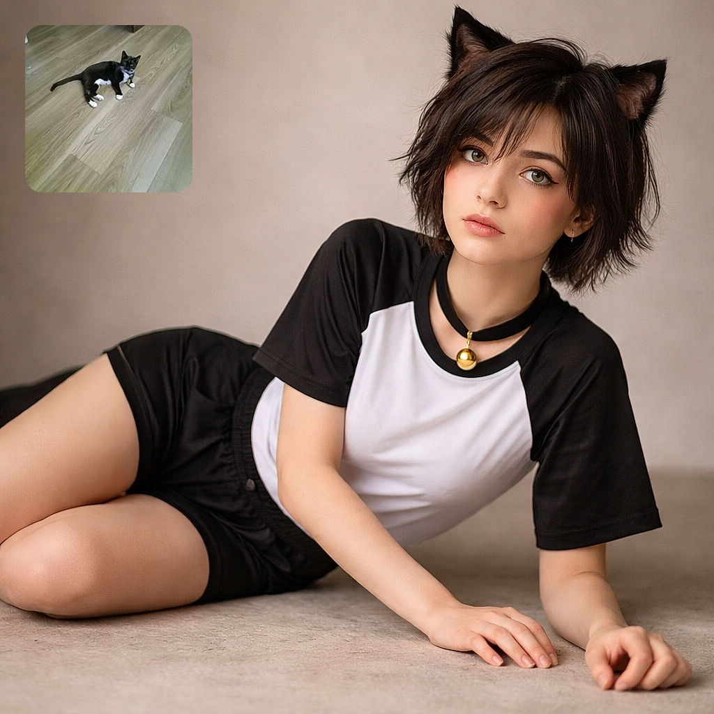 A slightly blurry photo of a black and white cat lying on a wooden floor, looking curiously at the camera with a collar tag visible, surrounded by some household items in the background.