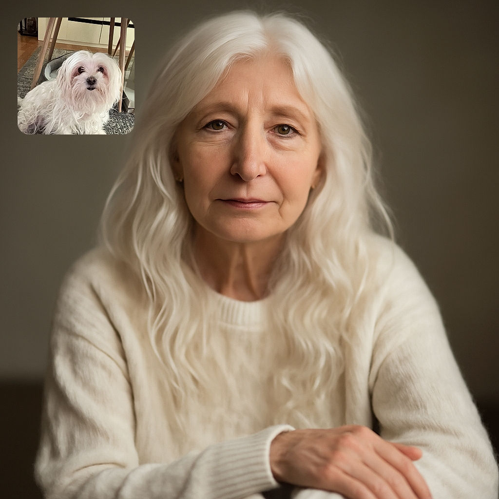 A fluffy white dog with long, slightly curly fur lounges comfortably on a textured rug under a modern chair. The pup looks up with big, dark eyes, giving an adorable and slightly curious expression in a cozy indoor setting.