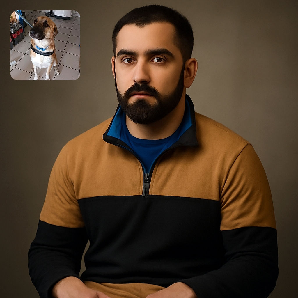 A well-behaved dog wearing a blue collar and harness sits patiently on a tiled floor indoors, looking slightly upwards with a calm and attentive expression. The background includes a coat stand, a litter box, and several bottles of soda lined up against the wall.