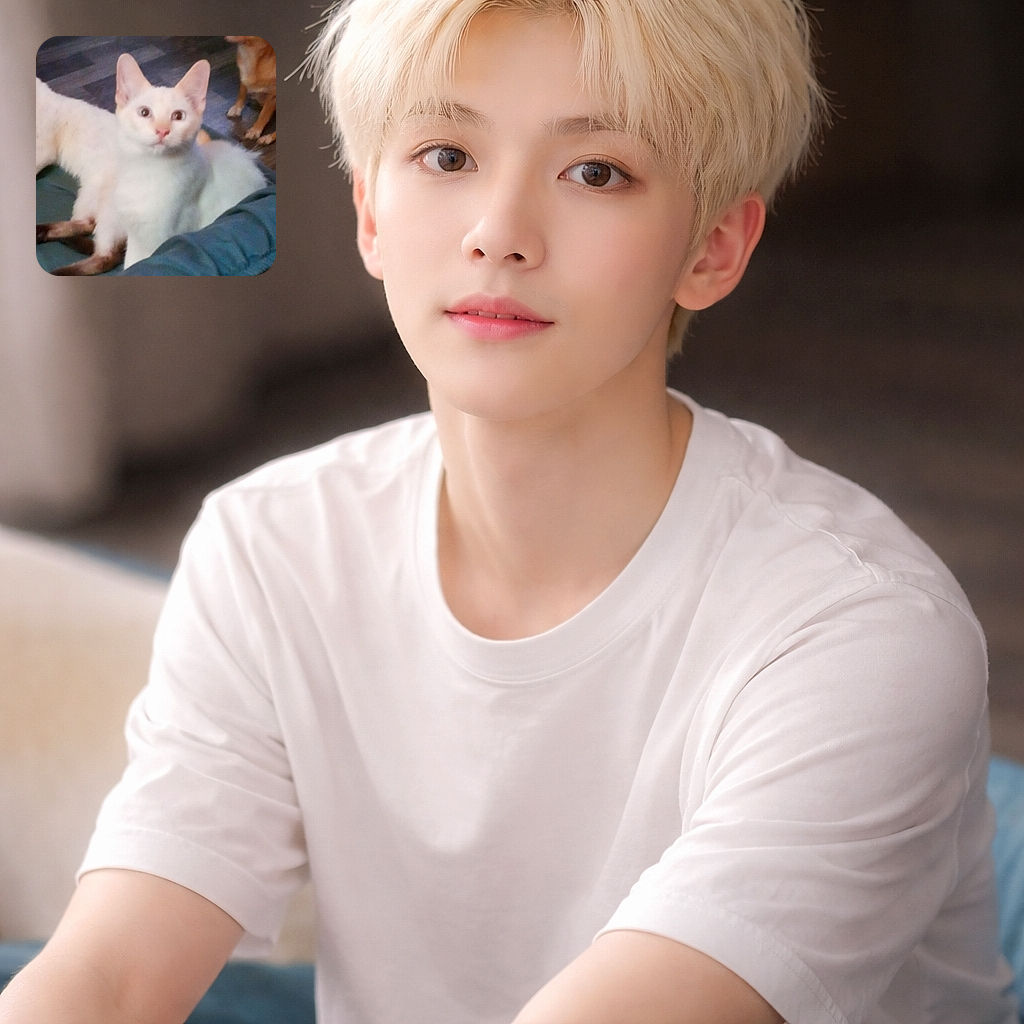 A startled fluffy white cat stares straight at the camera like it just heard the treat bag rustle, while a curious little dog watches from the top-right corner — cat lounged on a pet bed, hardwood floor background, pure pet drama.