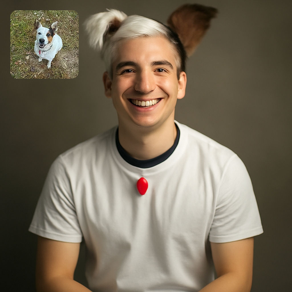 A cheerful white dog with black and brown patches on its face looks up eagerly from a patchy grassy ground, sporting a collar with tags and a big happy smile.