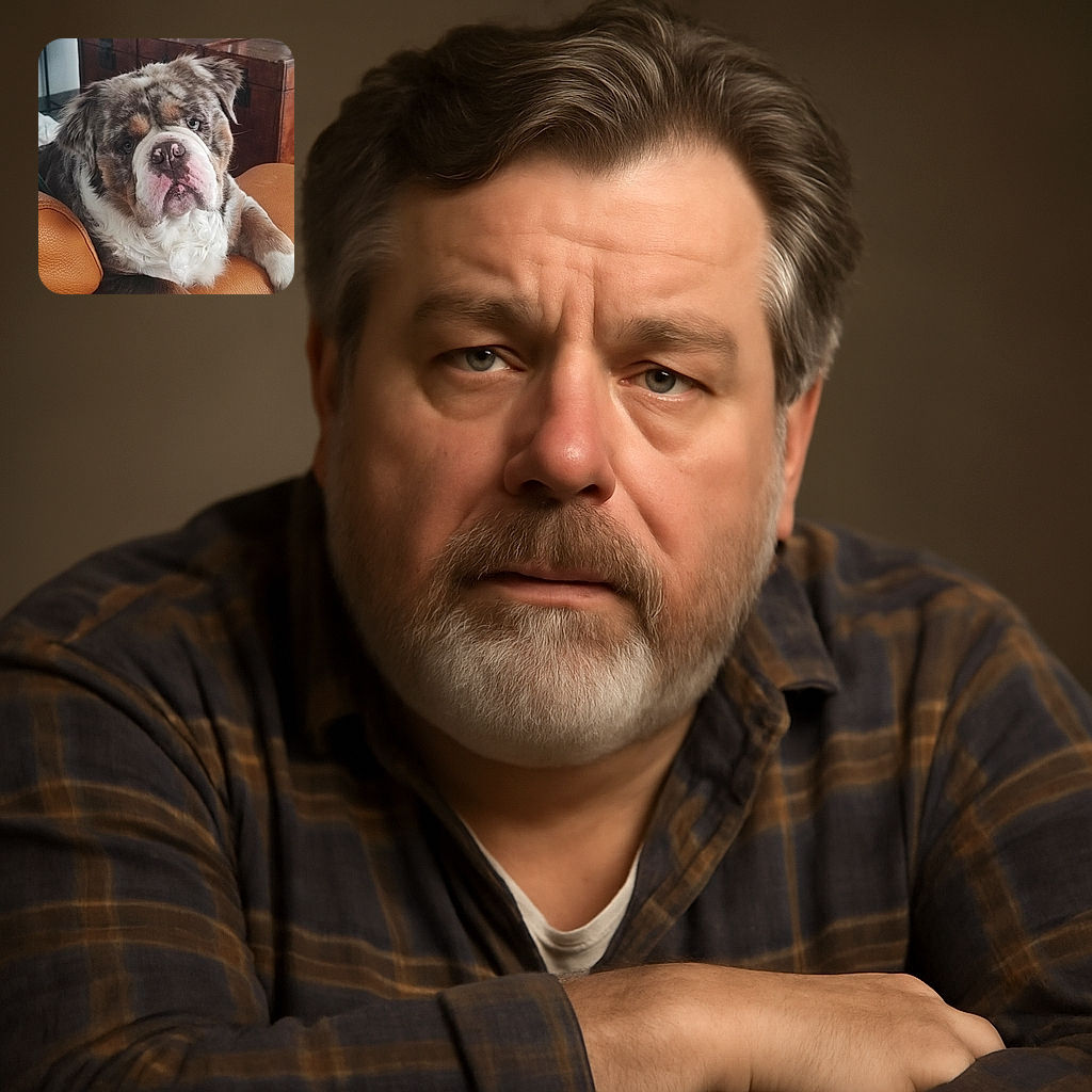 A close-up photo of a large, fluffy dog with a mix of brown, white, and gray fur resting its head on a tan leather couch, giving a soulful and slightly grumpy expression, with a wooden piece of furniture in the background.