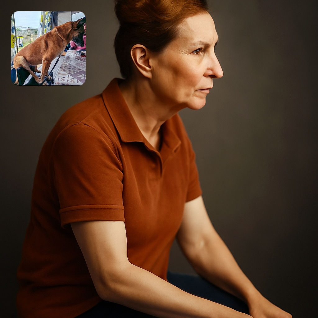 A large brown dog is perched awkwardly on a chair next to a table with patterned tablecloths, looking down intently. In the background, a person in a pink hoodie is partially visible, watching the dog. The setting appears to be a tent or enclosed outdoor space with patterned curtains and a fenced yard visible outside.