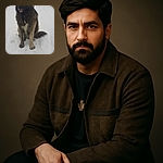 A fluffy dog sits patiently in the snow with a ski pole topped by a glove behind it, and a single blue ski partially buried in the snow in front. The overcast sky and snowy landscape create a chilly but calm winter scene.