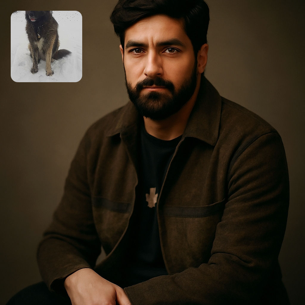 A fluffy dog sits patiently in the snow with a ski pole topped by a glove behind it, and a single blue ski partially buried in the snow in front. The overcast sky and snowy landscape create a chilly but calm winter scene.
