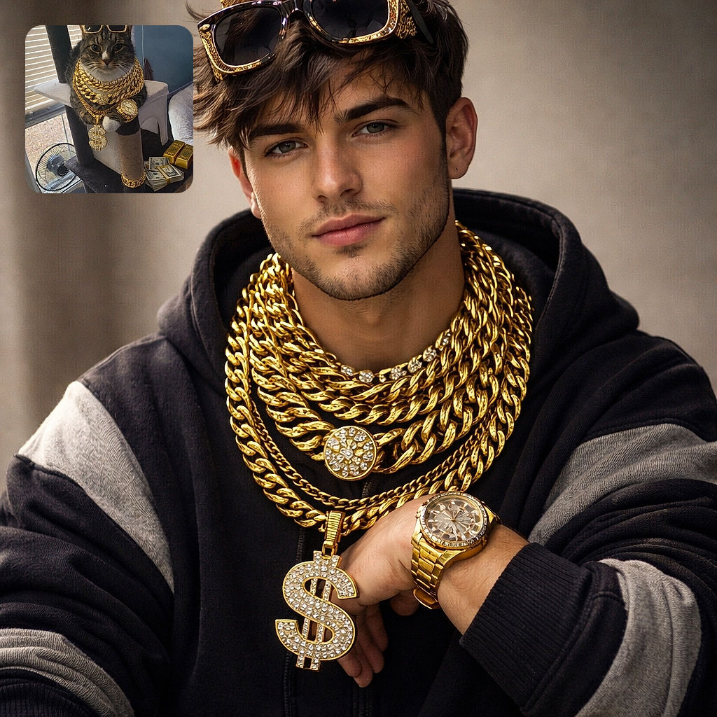 A regal tabby lounges on a cat tree dripping in bling — crown, shades, stacked gold chains, a flashy watch and a giant dollar pendant — looking unimpressed and perfectly ready to negotiate treats.