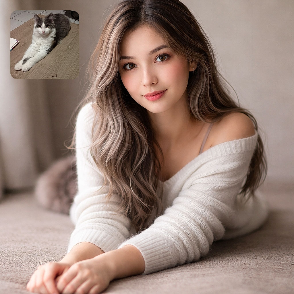 A fluffy white and gray cat lounges elegantly on a wooden floor, stretching its front legs forward with a calm and curious gaze directly at the camera. The background shows tiled flooring and some household items, creating a cozy indoor setting.