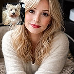 A fluffy white dog with curious eyes lounges comfortably in a cozy pet bed, surrounded by soft blankets and a dark wooden background, looking ready for a nap or a cuddle session.