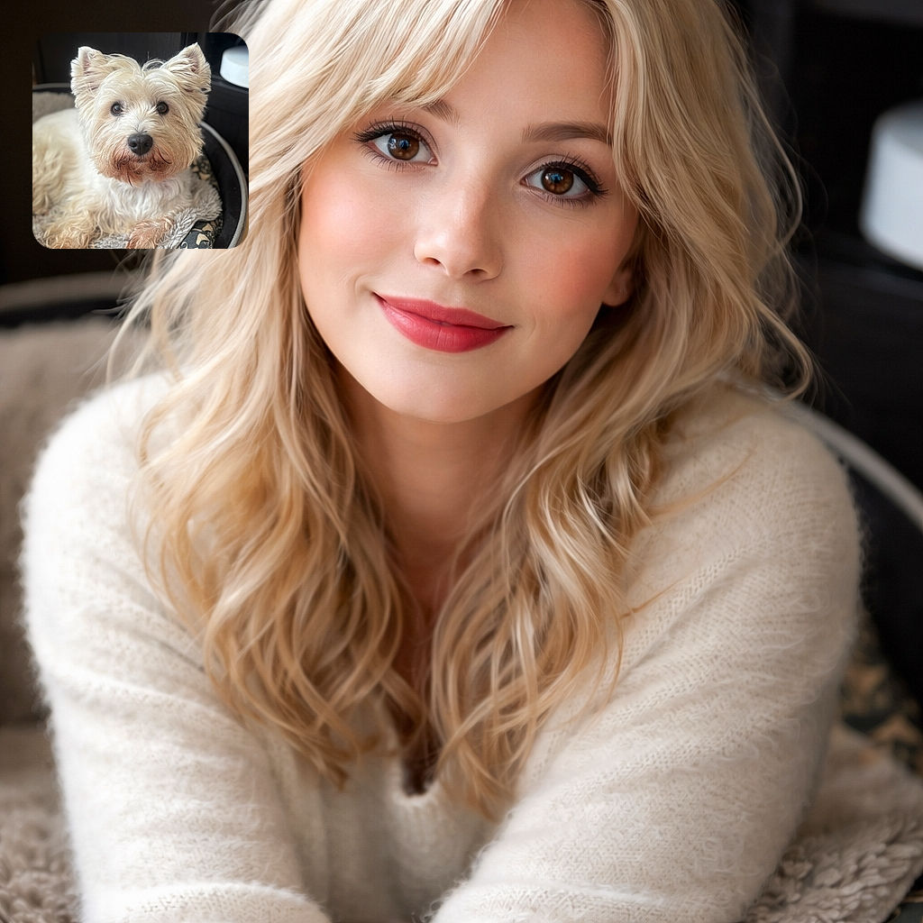 A fluffy white dog with curious eyes lounges comfortably in a cozy pet bed, surrounded by soft blankets and a dark wooden background, looking ready for a nap or a cuddle session.