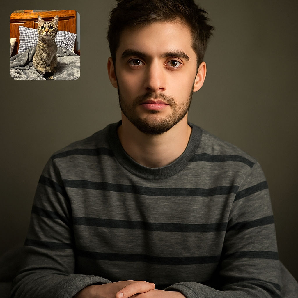 A charming tabby cat sits upright on a cozy gray blanket atop a bed, framed by a checkered pillow and warm wooden headboard, looking curiously upward with bright eyes and perky ears.