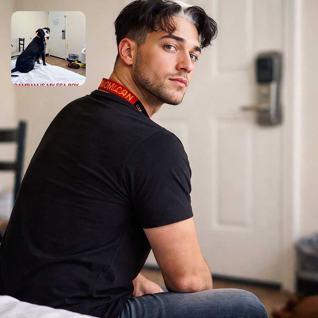 A black and white dog sitting on a white bed looks back towards the camera with a curious expression, wearing a collar. The room has a wooden floor, a white door, a chair, a trash bin, and some dog toys scattered on the floor. Bold red text at the bottom reads 'BAMBAM IS MY ESA BOY'.